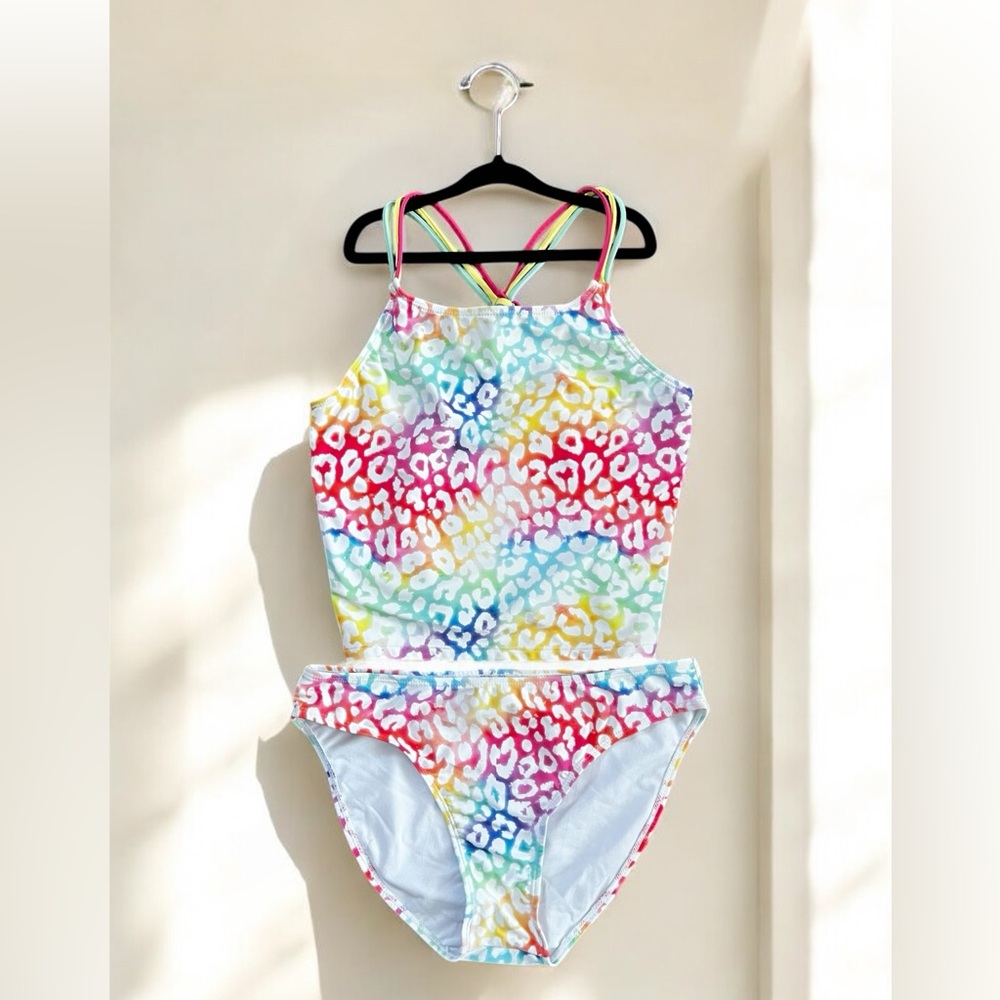 Girls Rainbow Cheetah Print 2 Piece Tankini Swimsuit - Multi / Size L (14/16)